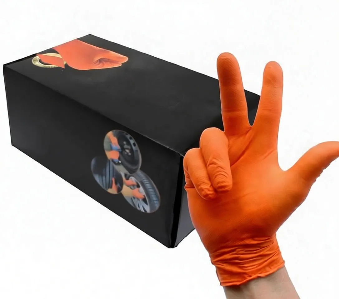 SaTra black-and-orange glove box with a hand wearing an orange textured glove making a V sign; '100 pieces' and automotive images on box.