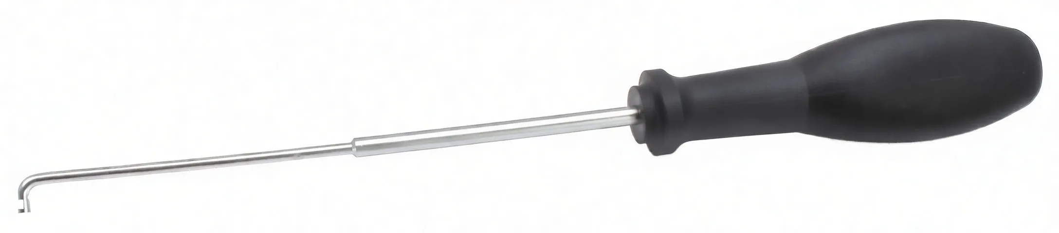 Door-handle removal tool with inset close-up of the L-shaped hooked tip showing a small notch; black handle and chrome shaft visible.