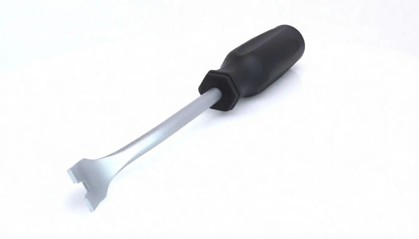 Pry tool with wide notched fork blade and black/red ergonomic handle labeled ASTA.