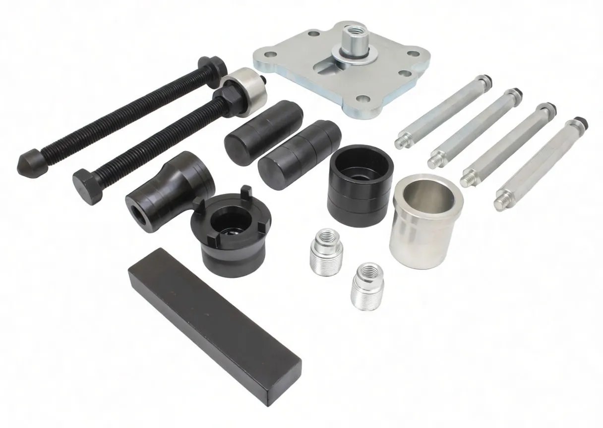 Tool kit parts laid out: mounting plate, threaded puller rods, guide bolts, adapter collars, receiver cups and 'satra' branded bar on white background.