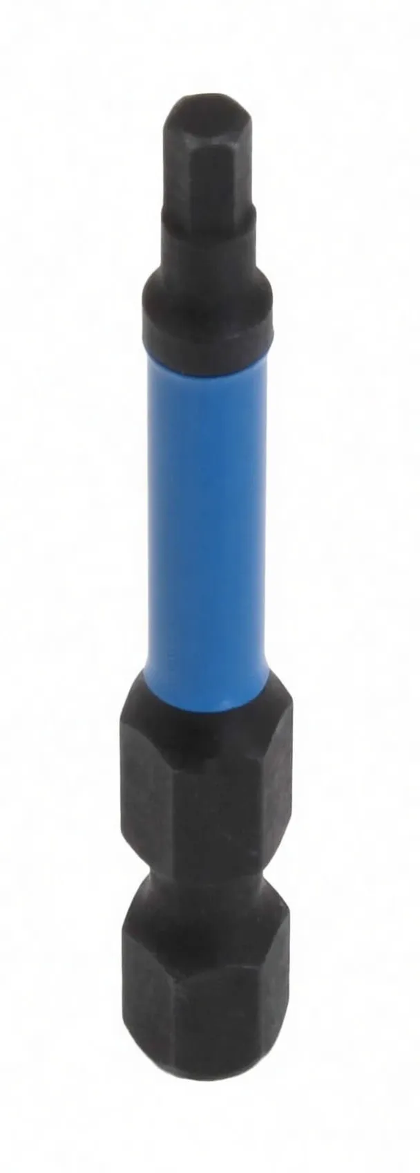 Vertical front view of double-ended hex bit with ASTA logo on blue sleeve