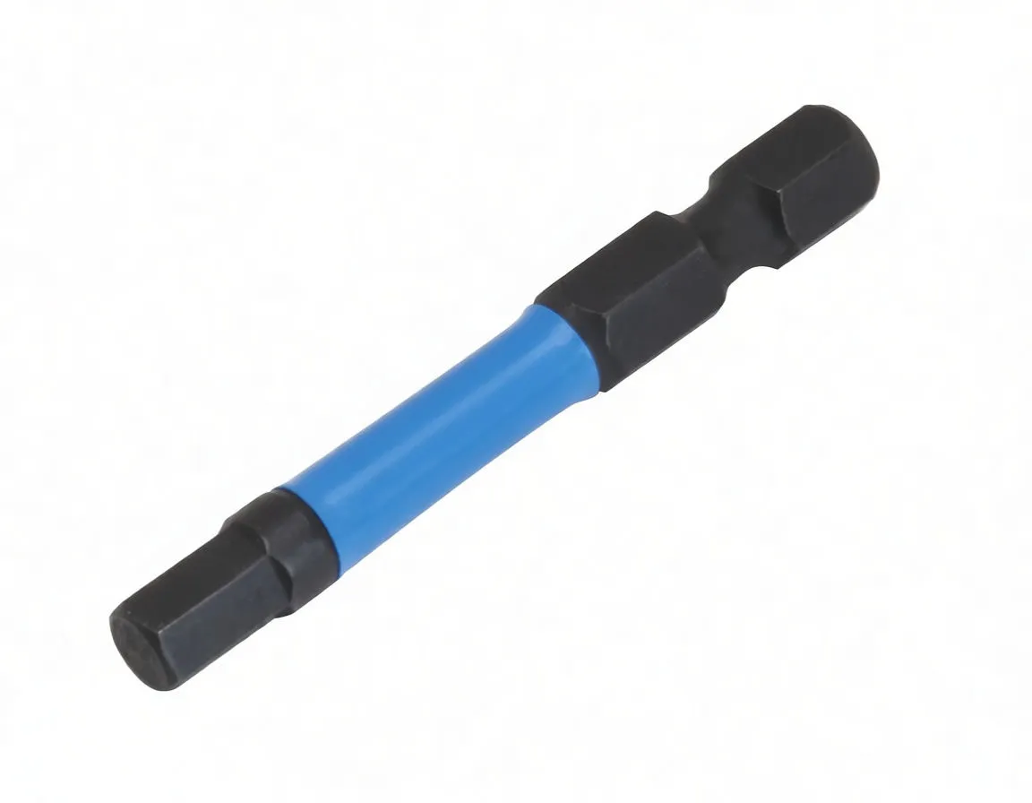 Diagonal view of a small hex driver bit with ASTA logo on blue center and black hex ends