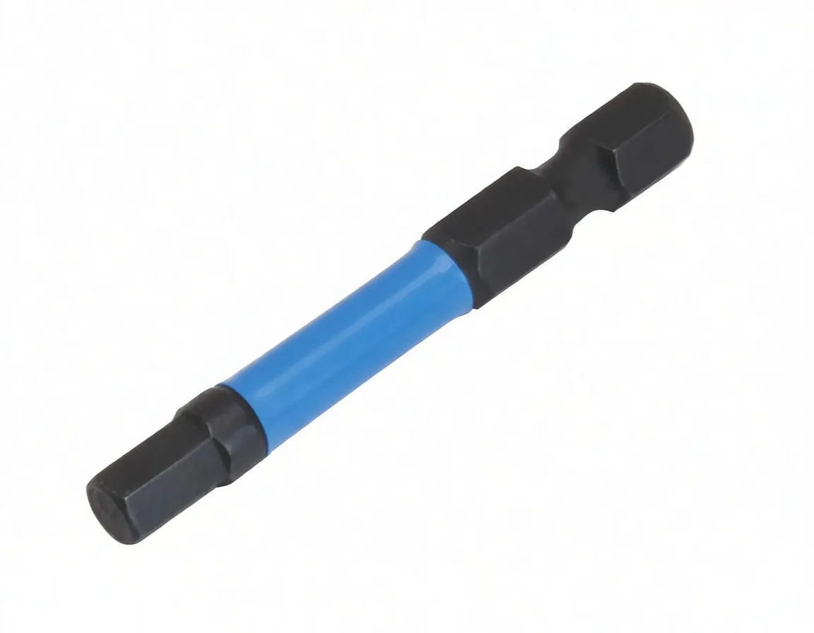 Front-on vertical view of double-ended hex bit with ASTA printed on blue center sleeve