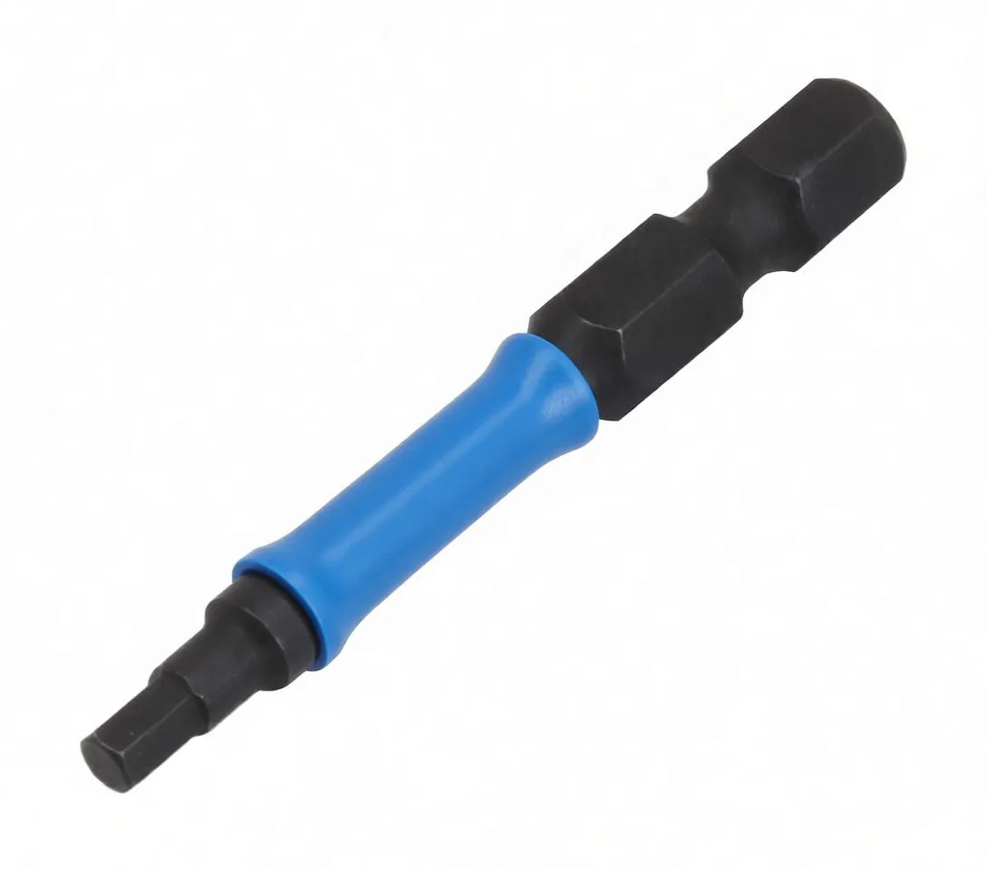 Angled view of double-ended screwdriver bit with blue ASTA sleeve and black hex ends