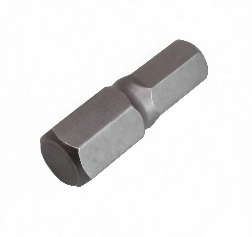 Angled side view of a short hex driver bit with ASTA stamp and chamfered hex ends