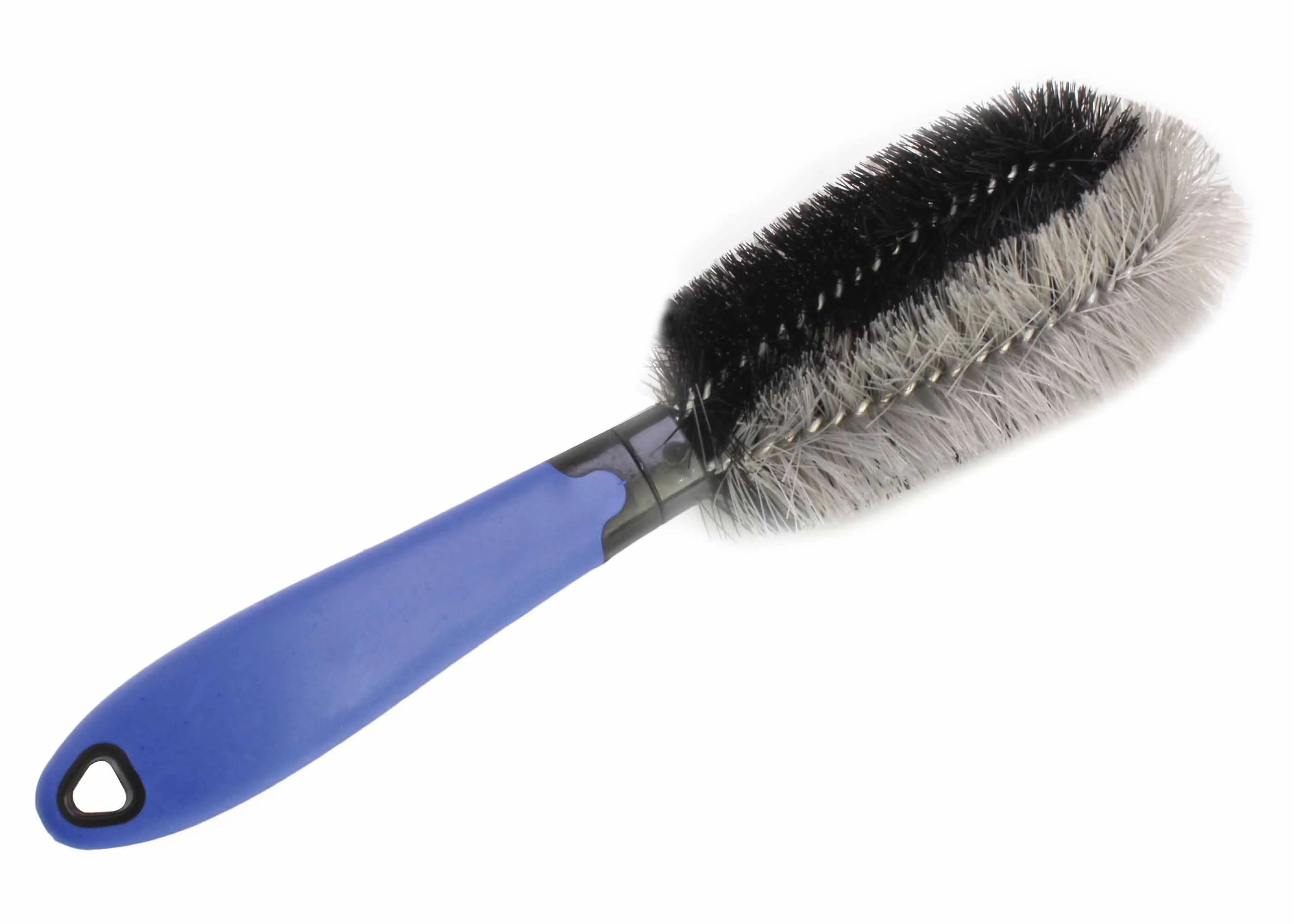 Top/angled view of full blue-handled fender well brush showing black inner bristles, gray outer loop bristles and metal twisted core.