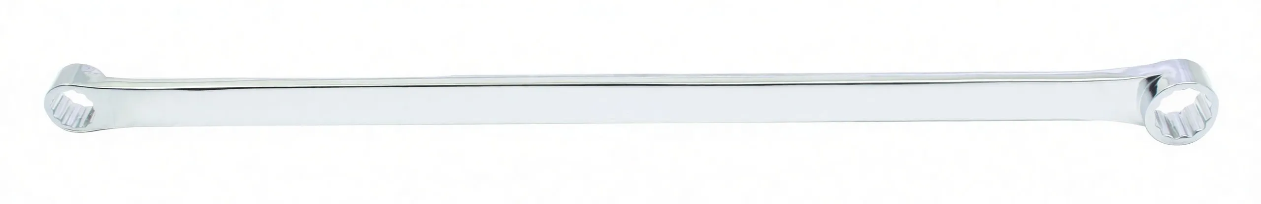 Horizontal full-length view of a long double ring wrench showing both box ends and stamped text along the handle