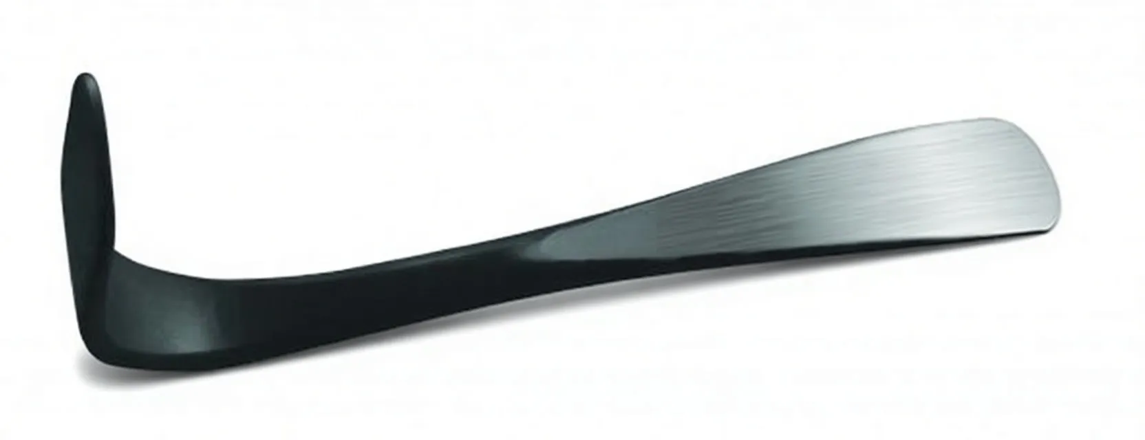 Angled view of double-sided tinsmith’s spoon showing two polished working faces and a small white warning sticker on one flattened end