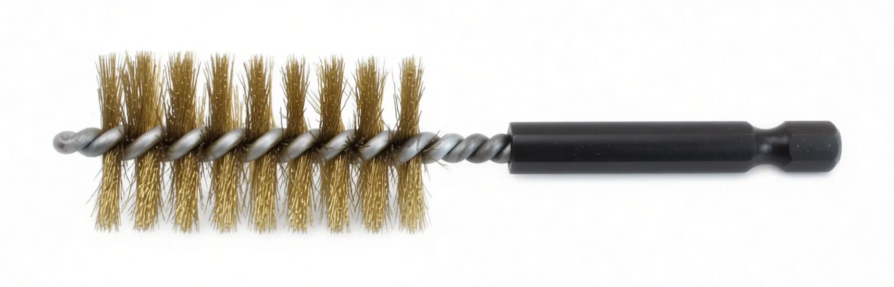 Side view of a brass-coated steel wire brush with twisted core and hex shank adapter.
