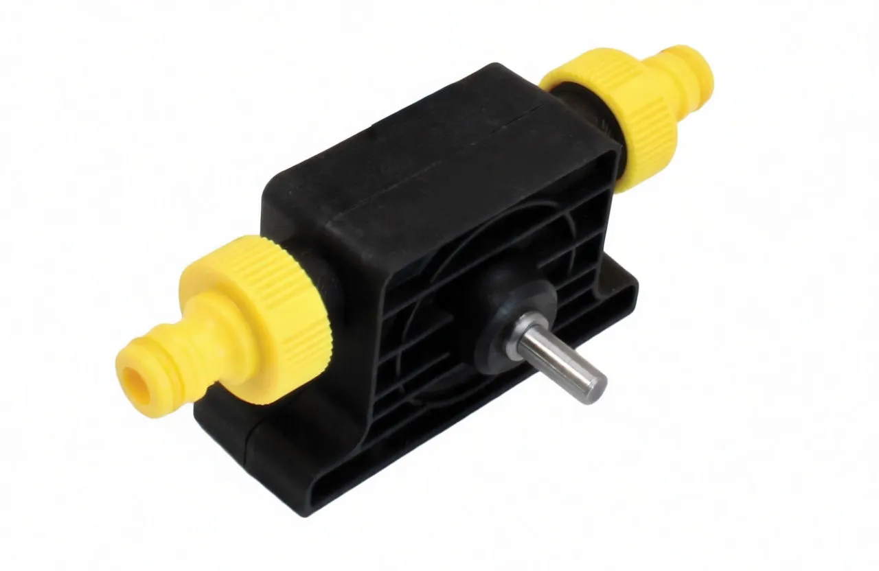 Angled view of pump with flow direction arrows and orange rotation arrow; black body, metal drive shaft and yellow hose connectors visible; 'saTra S-1PDW' logo on top.