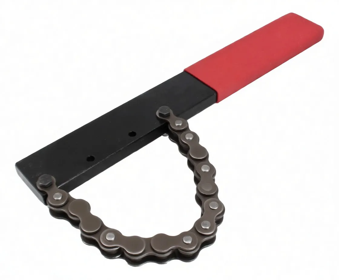 Full-length side view of tool with black metal head, chain loop and red handle