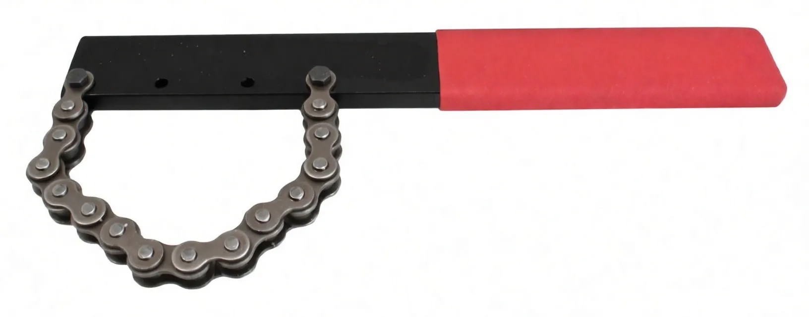 Angled shot of drive pinion holding tool with red handle and chain loop attached to black head