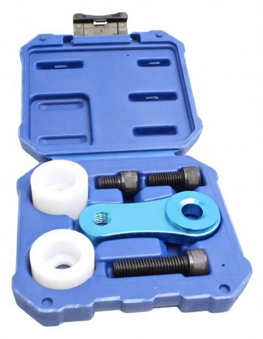 Close-up of blue anodized locking arm with ASTA marking, white bushings and black bolts in blue case