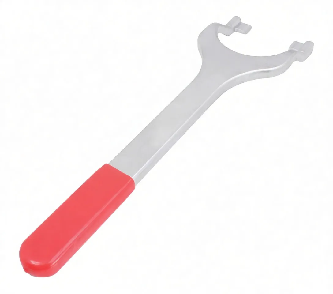Angled view of extractor fork showing long flat metal handle with red grip and forked head