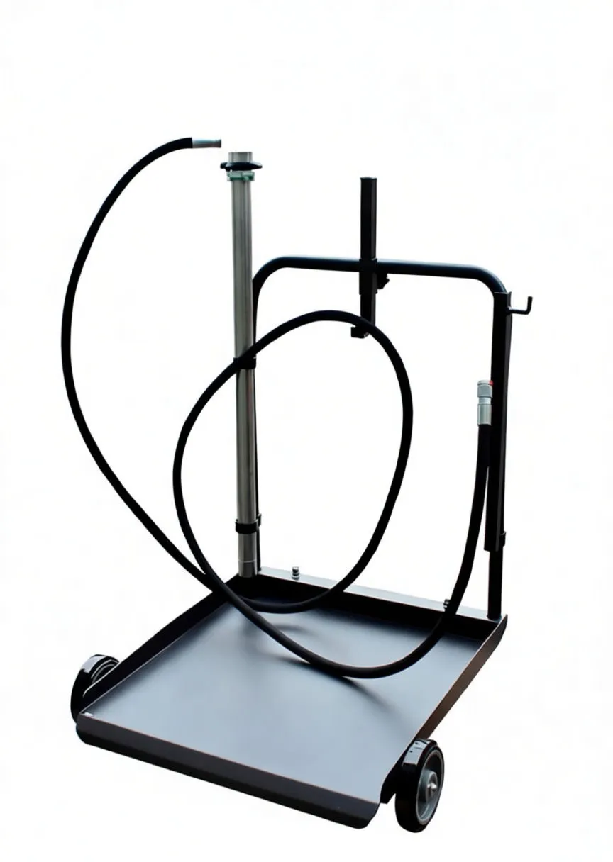 Front view of drum trolley with upright pump, looped hose and nozzle mounted on side