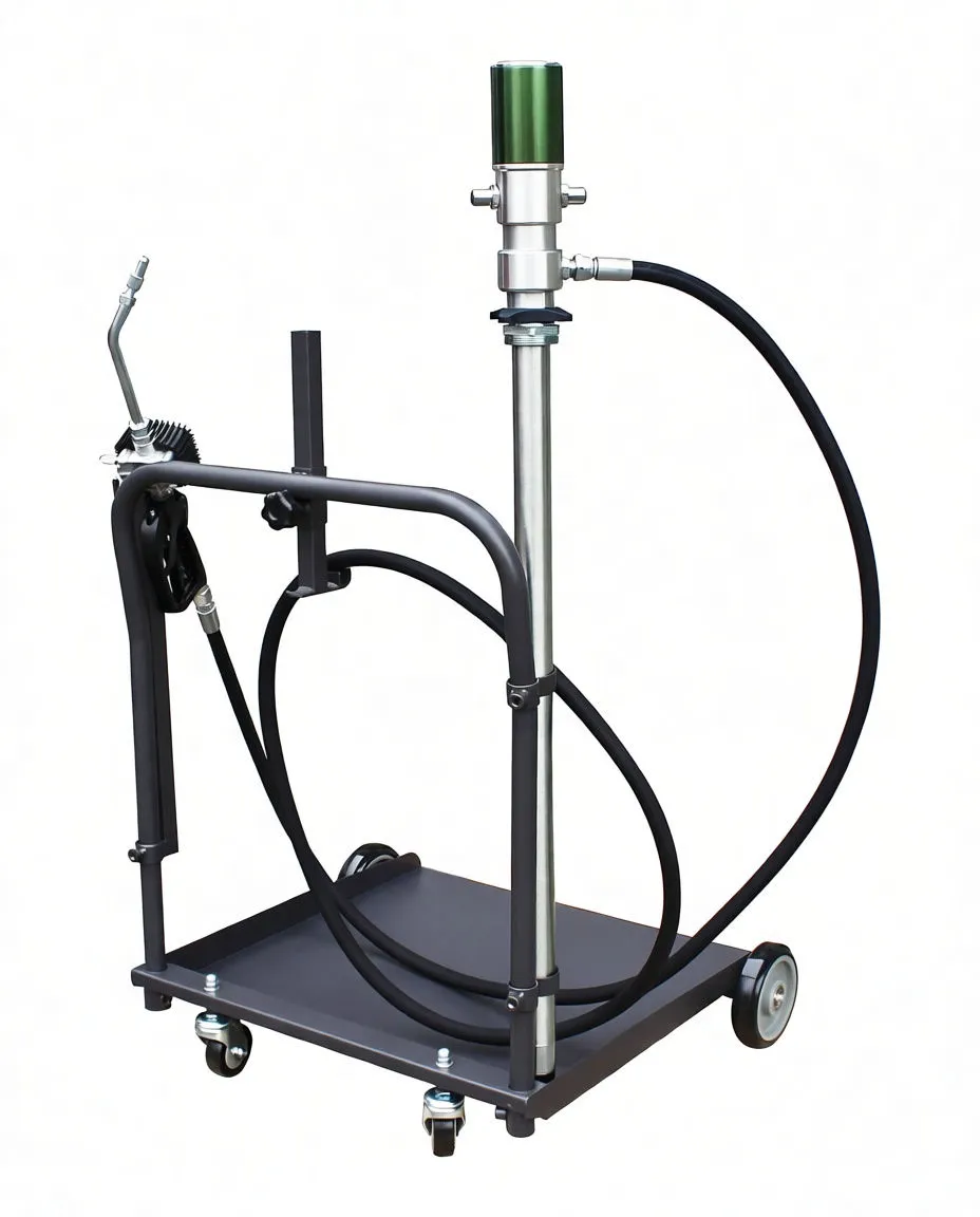 Rear-left angle of drum trolley showing swivel casters, pump tube and coiled hose