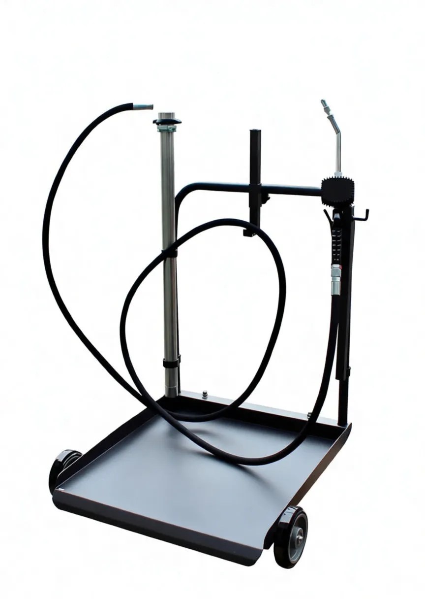 Side view of drum trolley focusing on pump housing, nozzle and hose routed on frame