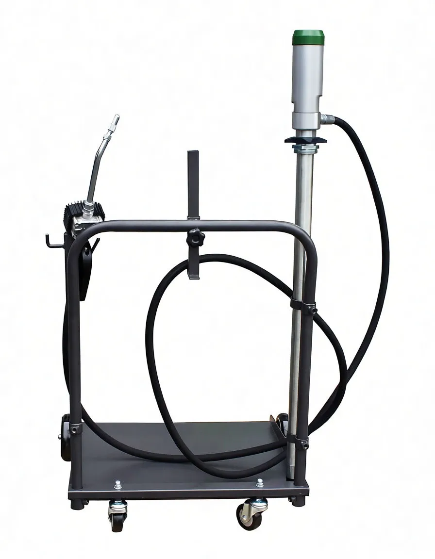 Rear view of drum trolley with looped hose, pump tube with green top and stored dispensing gun