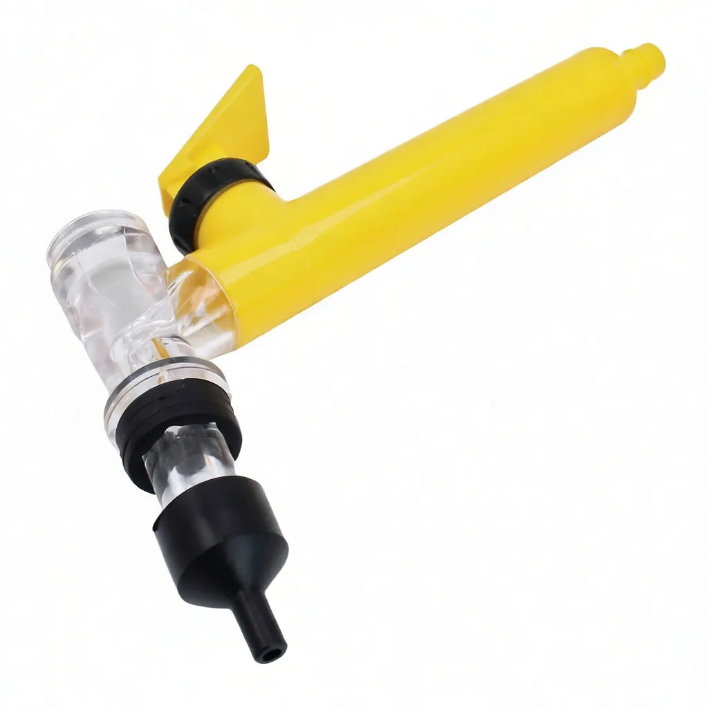Top view of yellow battery filler showing full body, clear front assembly, black nozzle and yellow trigger.