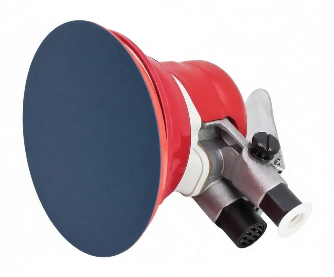 Angled close-up of red orbital sander showing dark sanding disc, silver body with adjustment knob, air connector and identification plate