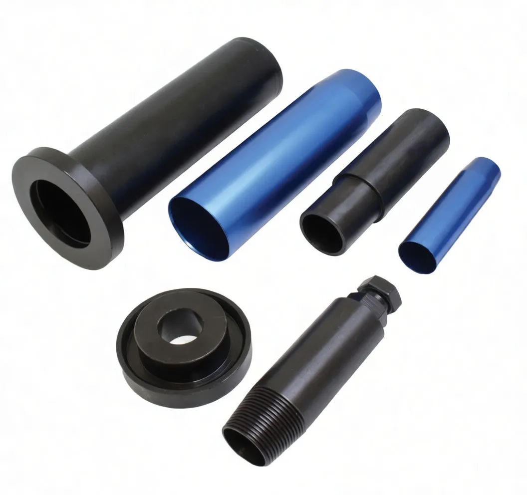 Set of flanged tubes, sleeves, press plate and threaded mandrel arranged on white background, branded 'safra'