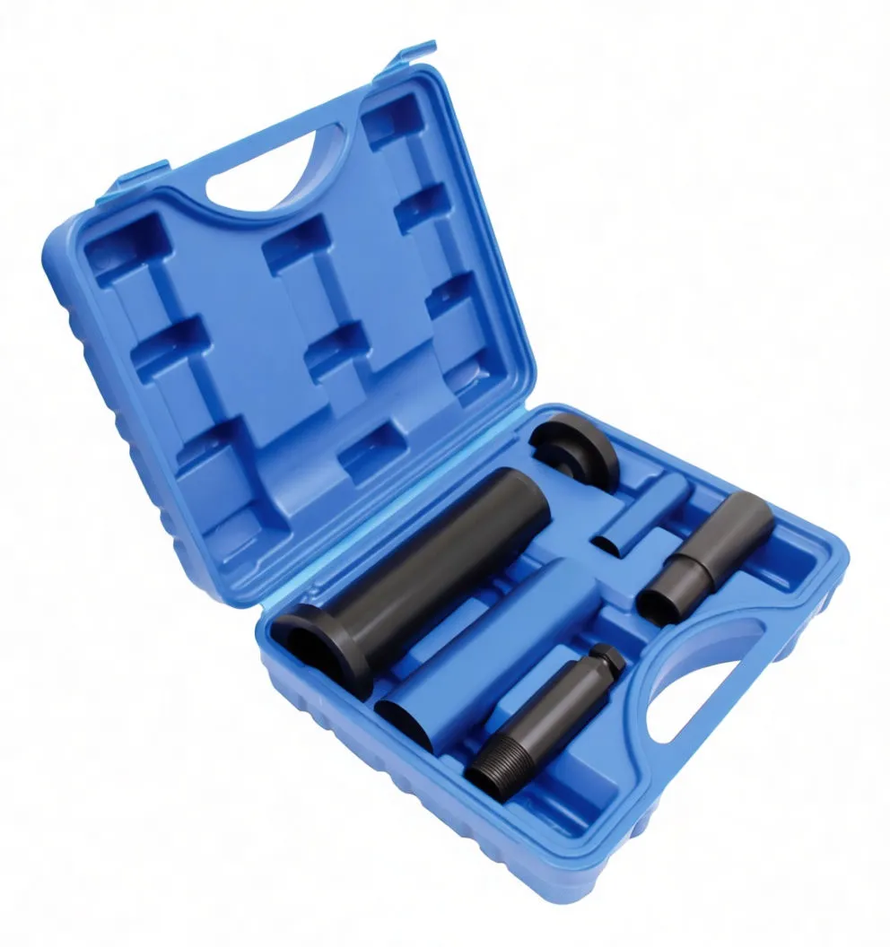 Perspective of open blue case with assorted black and blue cylindrical clutch seal installation tools