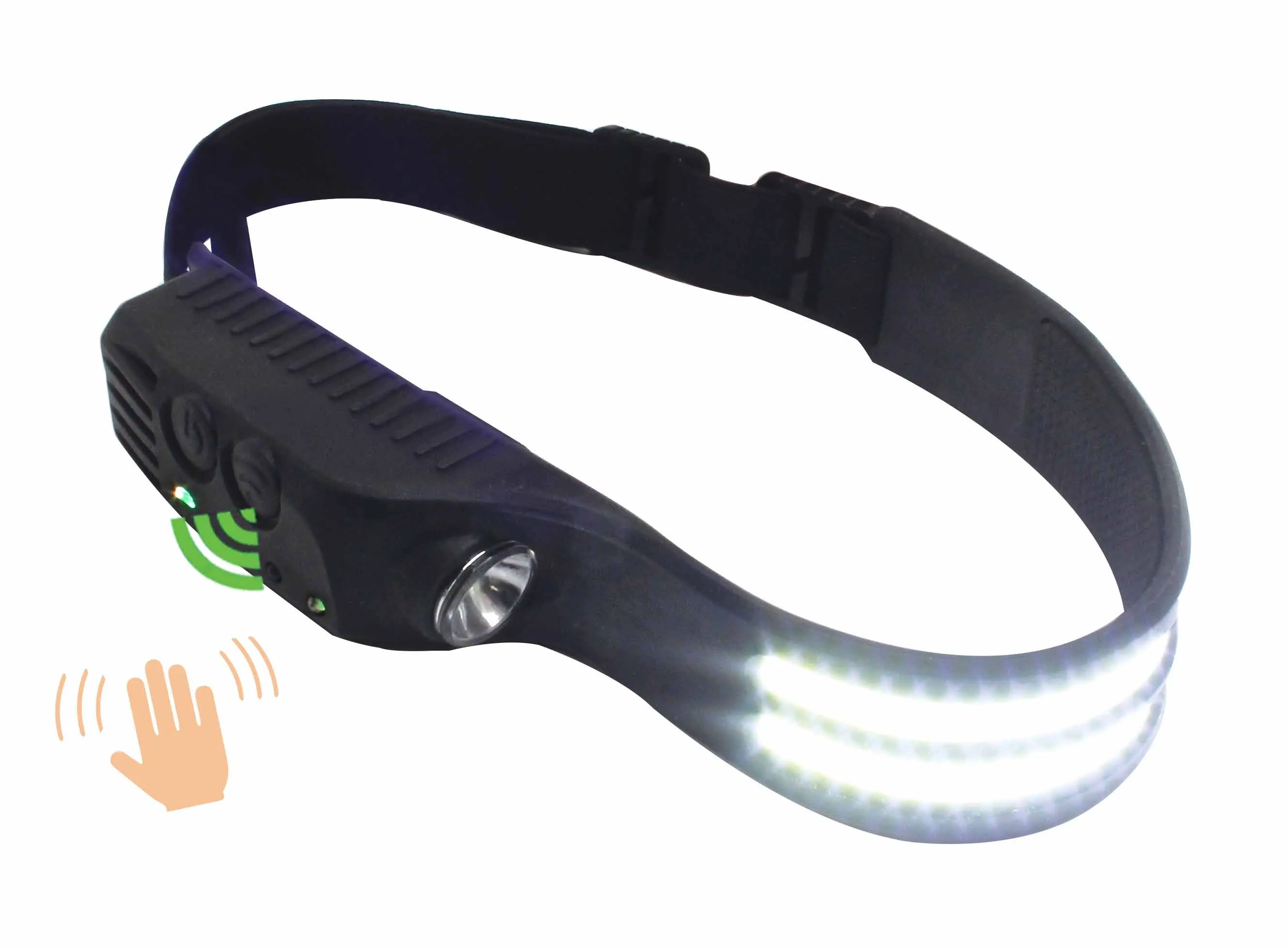 Headlamp showing motion-sensor activation and front LED strips lit