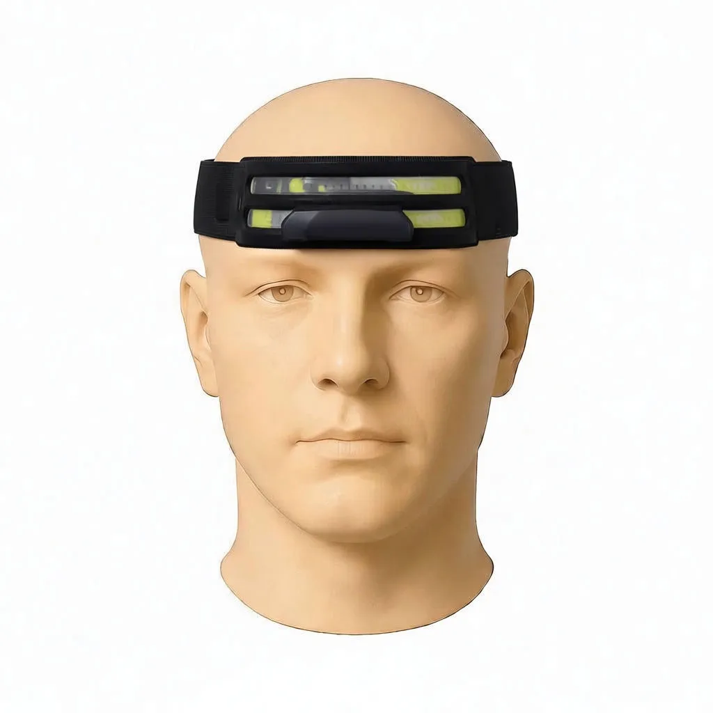 Head form wearing the headlamp with strap and illuminated side spotlight