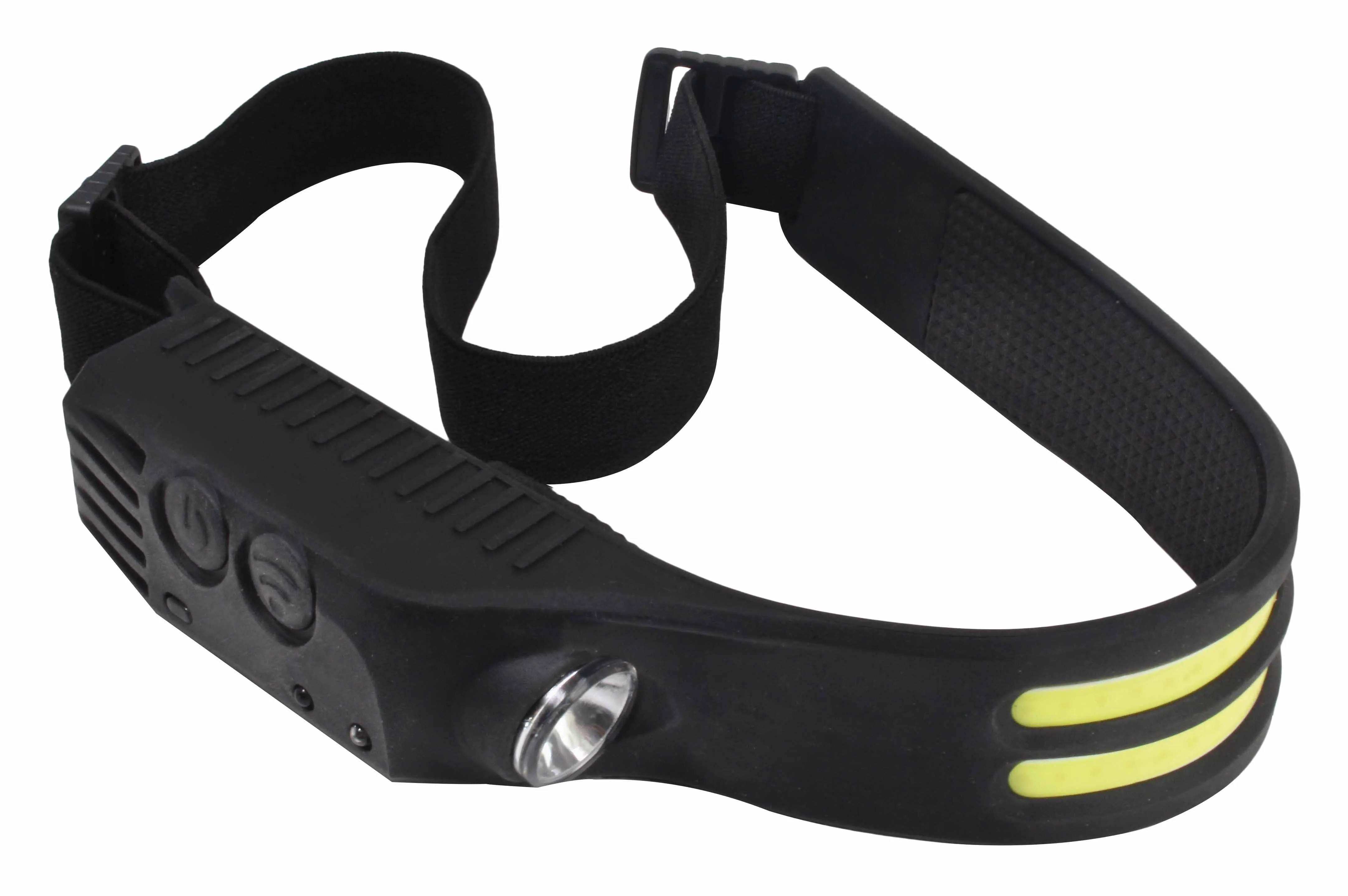 Close-up of black headlamp showing buttons, spotlight lens and yellow COB strips
