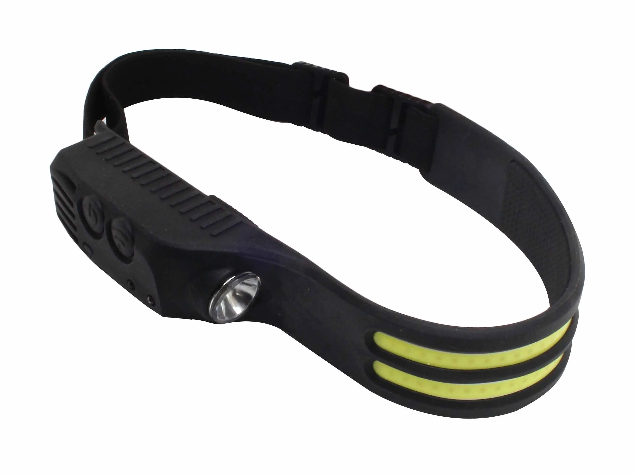 Angled headlamp view with spotlight, yellow LED strips and adjustable strap