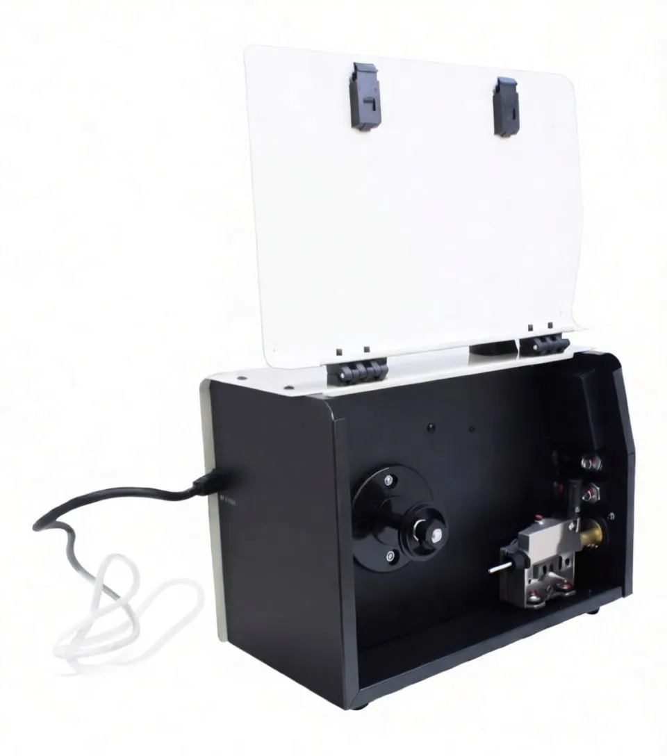 Open top showing internal spool hub and wire feed mechanism with tension knobs and terminals