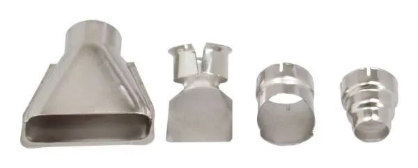 Four stainless-steel heat gun nozzle attachments: wide flat deflector, narrow flat nozzle, cylindrical reducer, and stepped concentrator