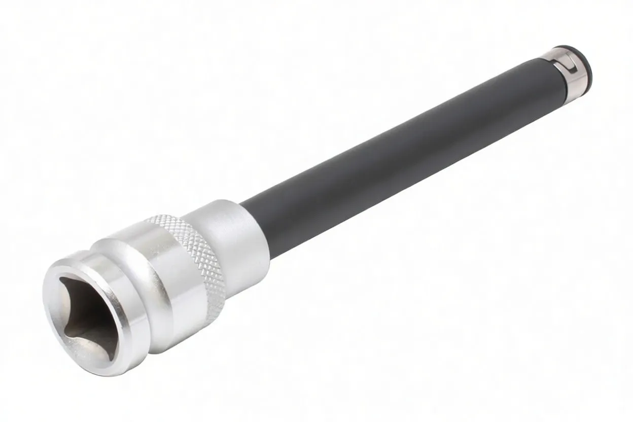 oblique close-up of chrome socket end marked E-10 with knurled grip and long black extension shaft