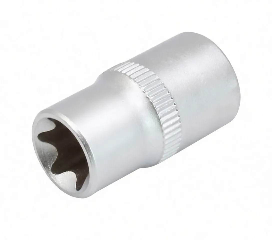 Angled side image of Torx E11 socket showing star recess, knurled grip and embossed side marking