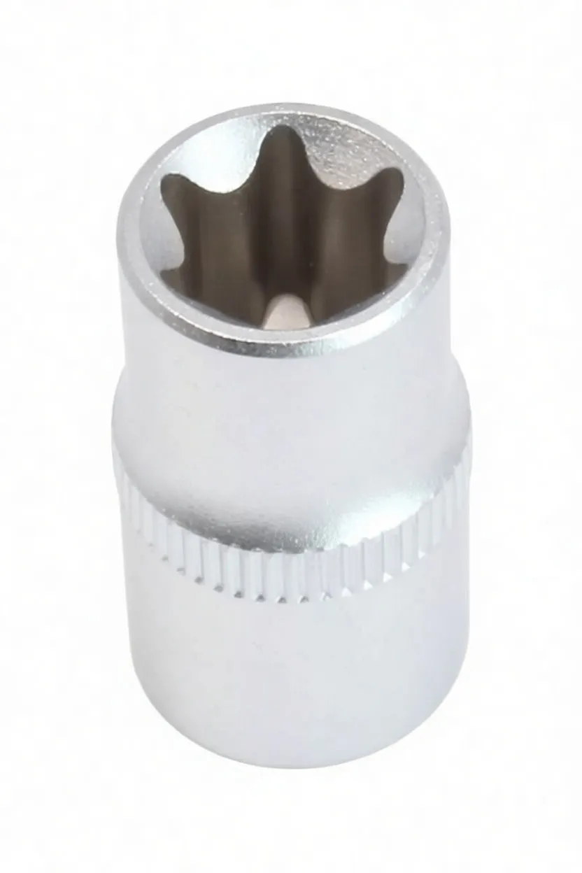 Angled view of Torx E12 socket showing star tip, knurled middle, embossed brand marking and square-drive detent