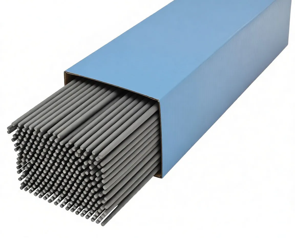 Pack of gray welding electrodes with two rods placed on top, showing printed codes on rods and branding on box.