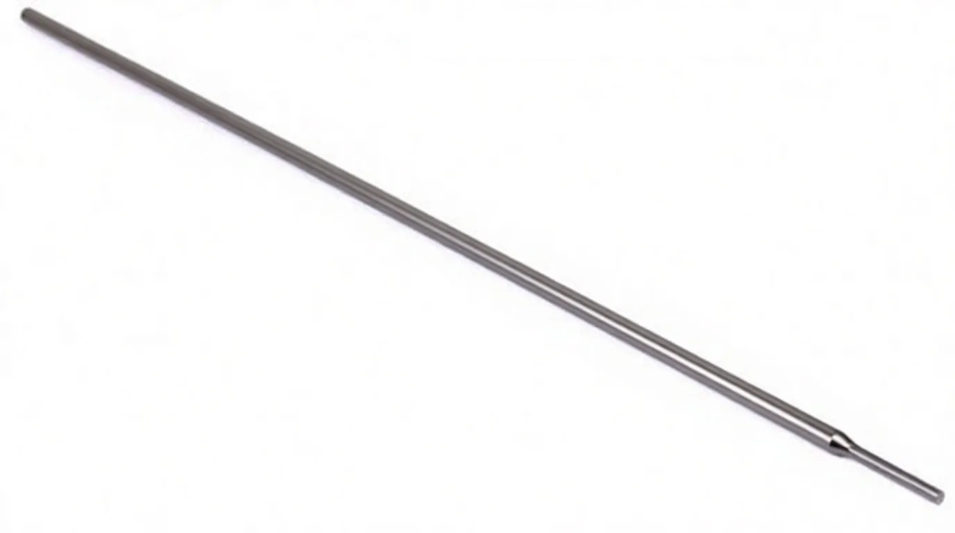 Single gray flux-coated welding electrode on white background, showing exposed tip and printed identification near the end.