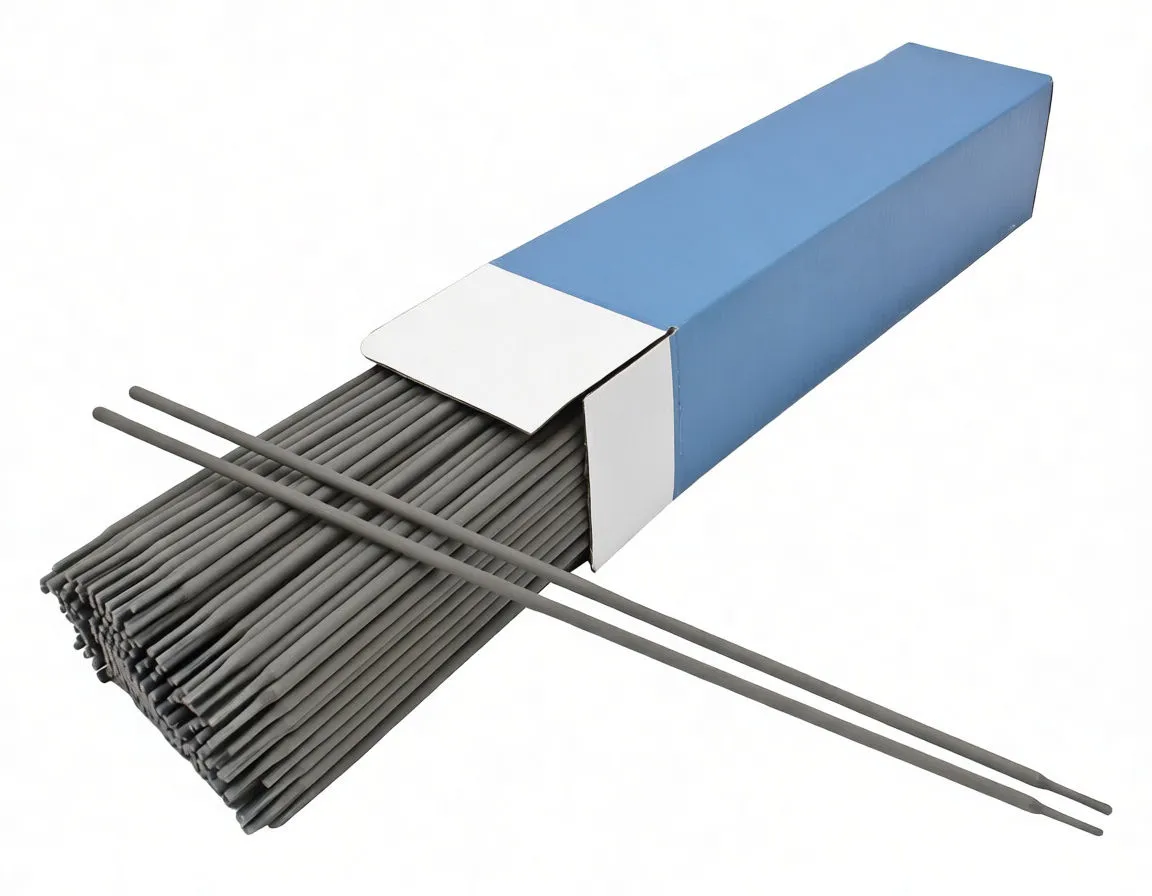 Box of gray-coated welding electrodes with two rods laid across the bundle, showing printed codes and box label.