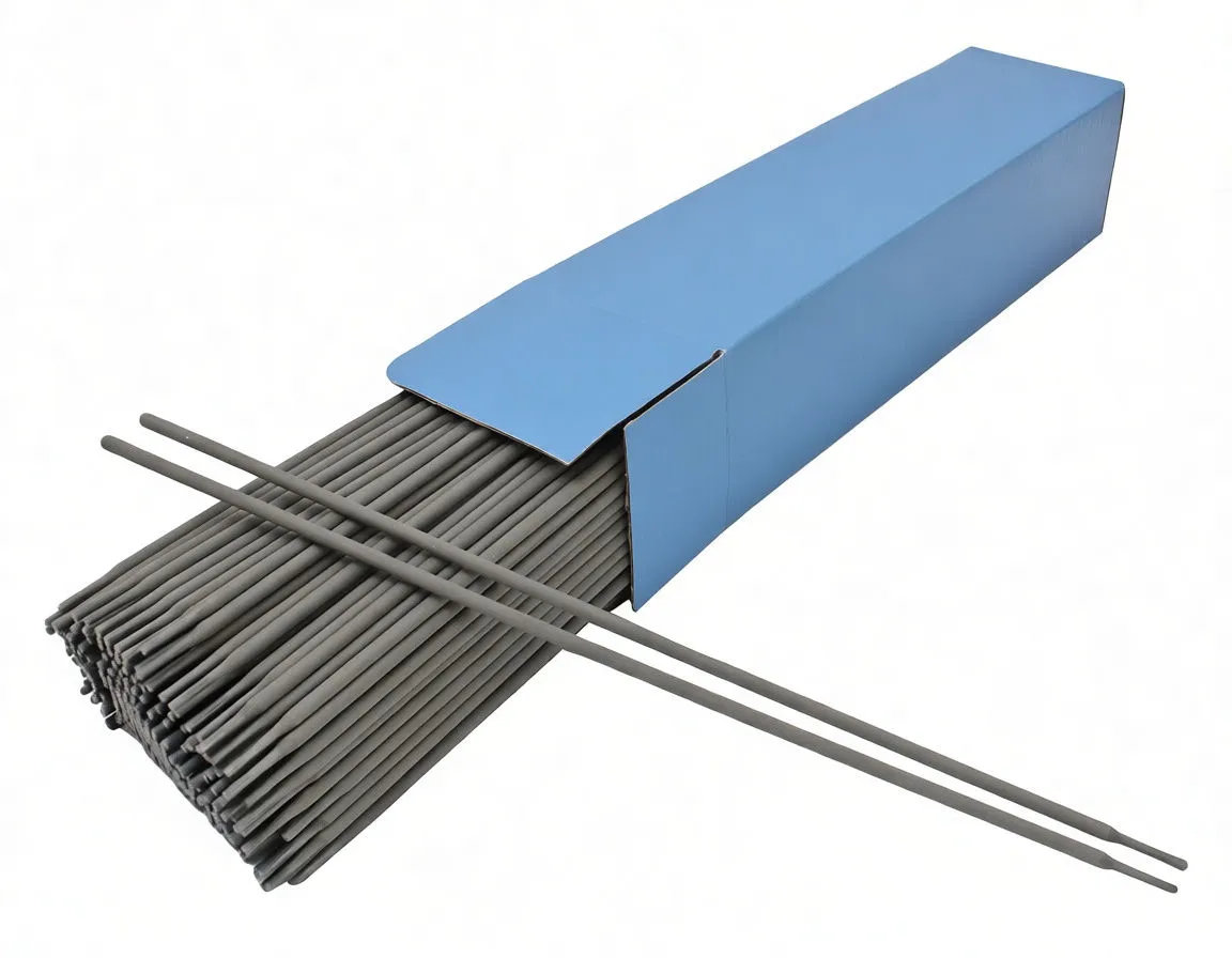 Blue rectangular box of welding electrodes with rods protruding, showing printed box labeling and rod markings.
