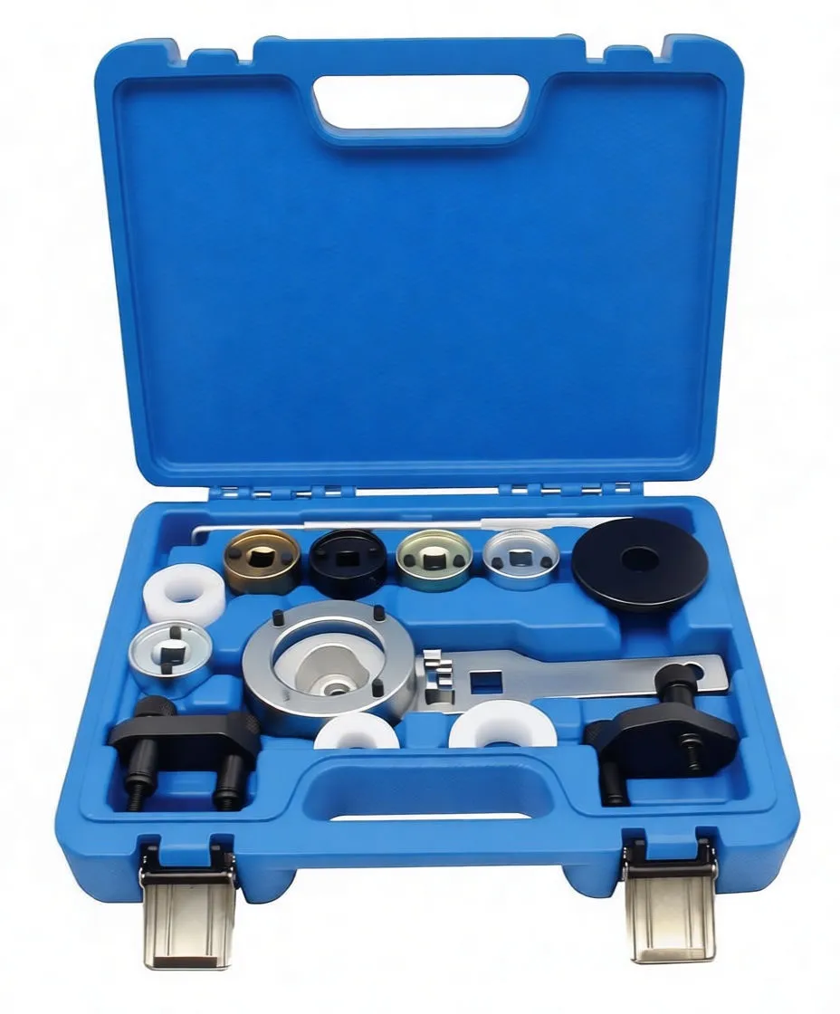 Oblique top view of kit in blue case with various circular adapters, locking ring, clamps and metal spanner