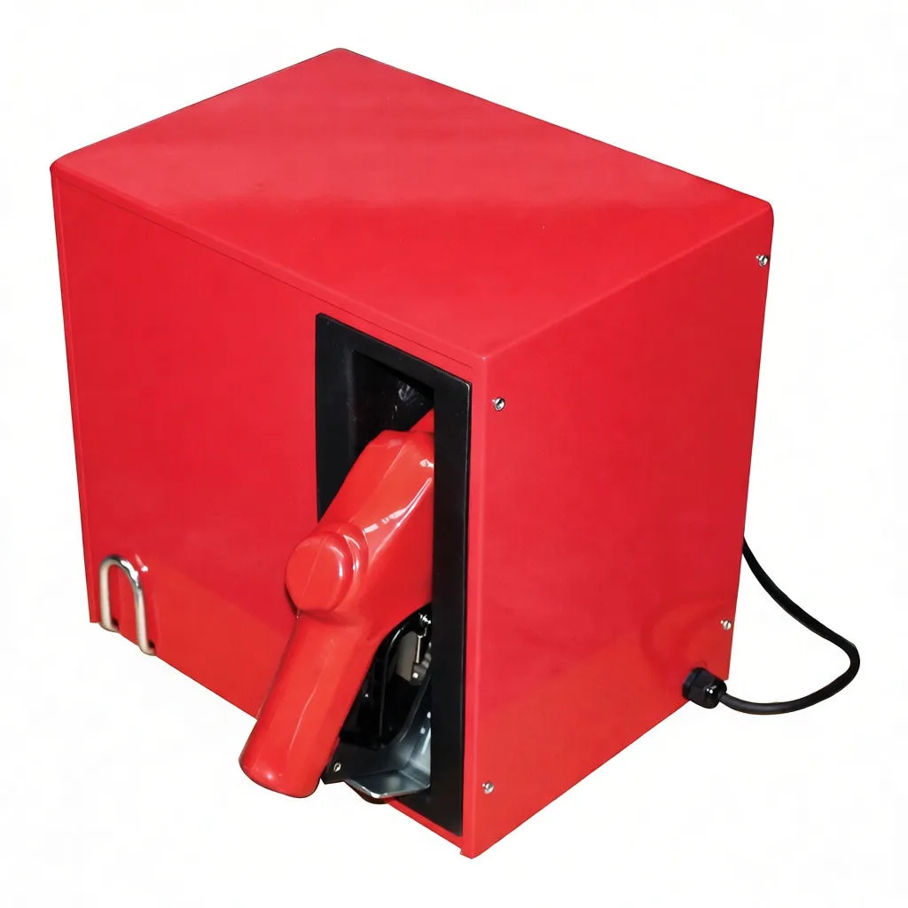 Rear-right angle of red pump unit showing nozzle in recess and power cord exiting side