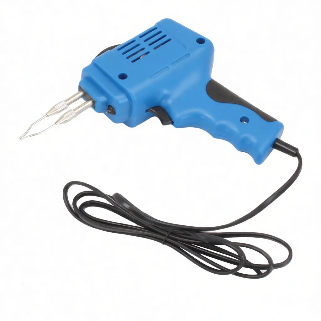 Blue pistol soldering gun with twin tips, brand label and black power cord