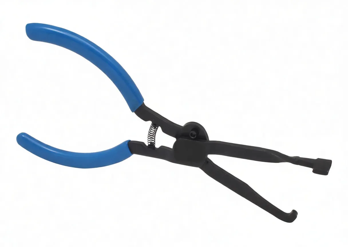 Top-down view of pliers with long black jaws and blue handles