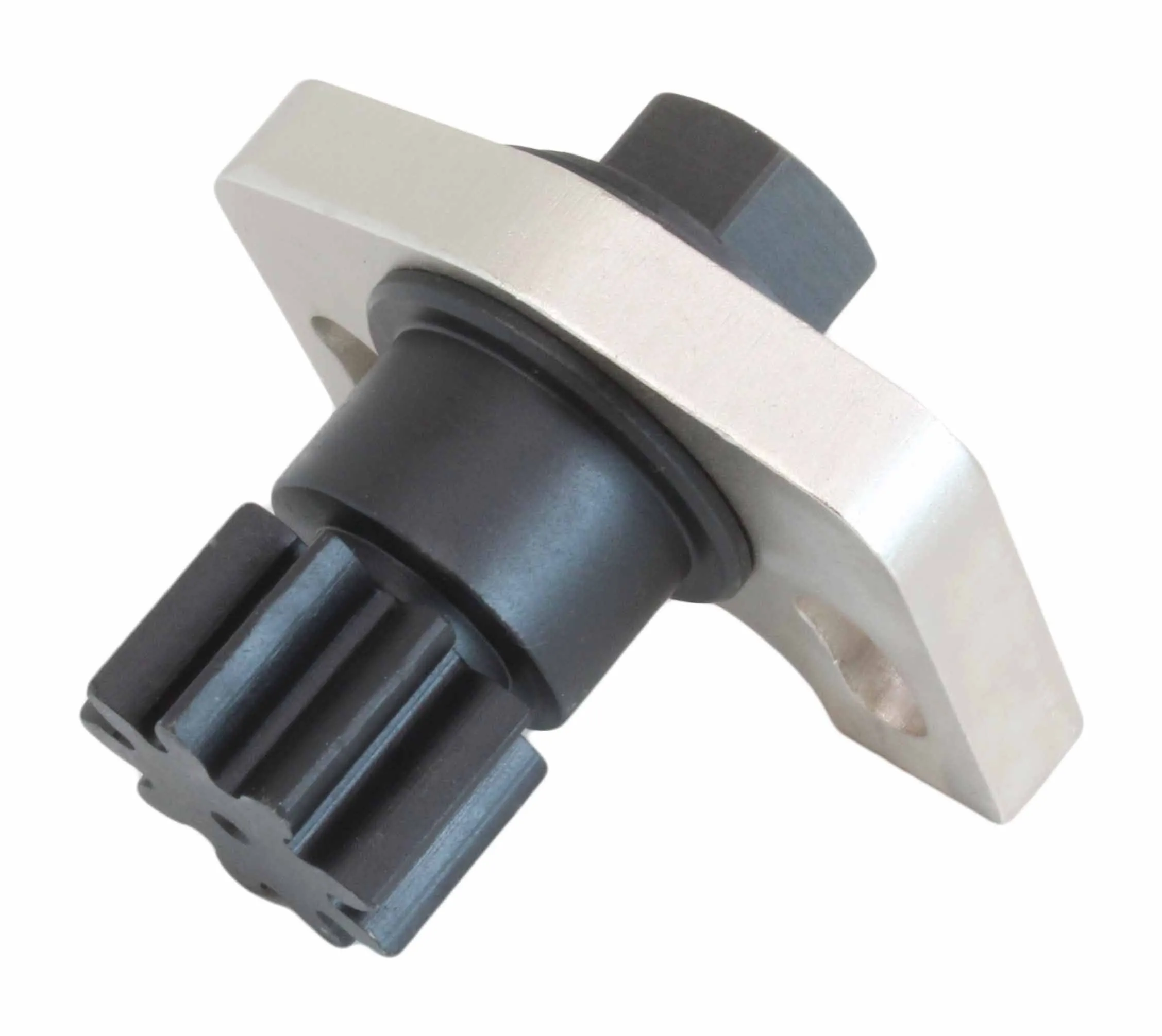 Close-up of rotator showing black splined gear, cylindrical housing, rubber seal and silver mounting plate with slotted holes