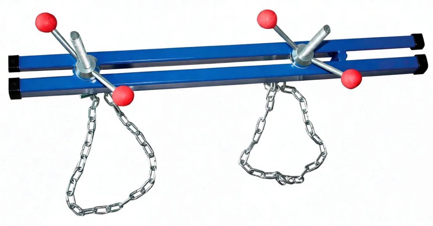 Full-length perspective of blue engine beam with two red-handled rods, chains and label