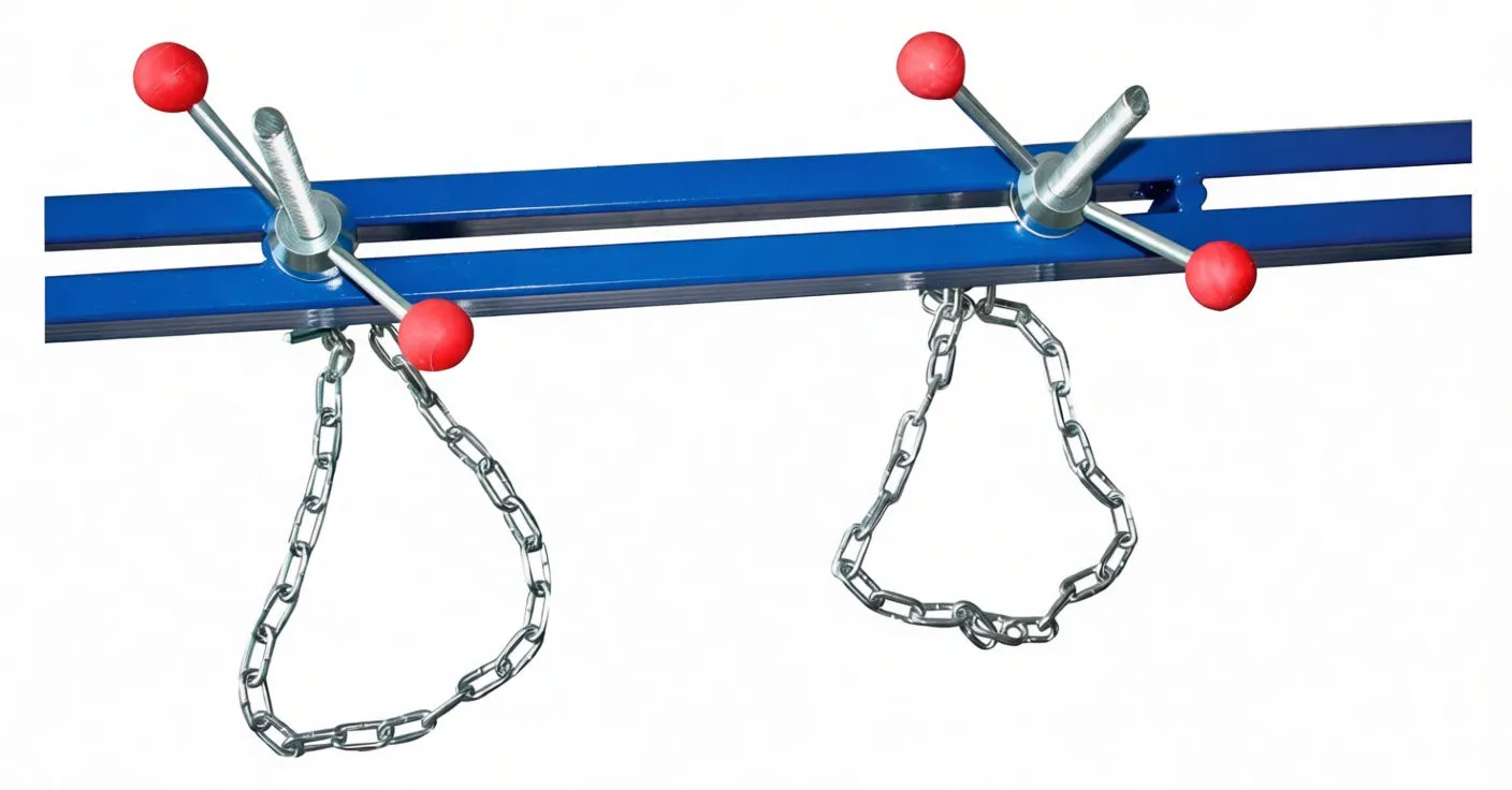 Top-down close-up of two red-handled cross bolts and hanging chains on blue slotted beam