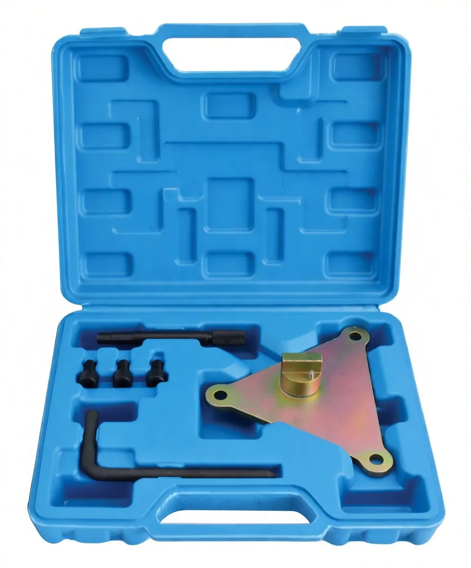 Angled shot of blue case with triangular engine locking bracket, alignment rod, L-bar and bolts