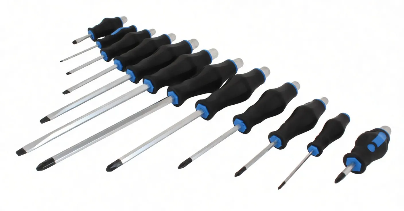 Row of screwdrivers on white background showing various lengths and tip types with black and blue handles