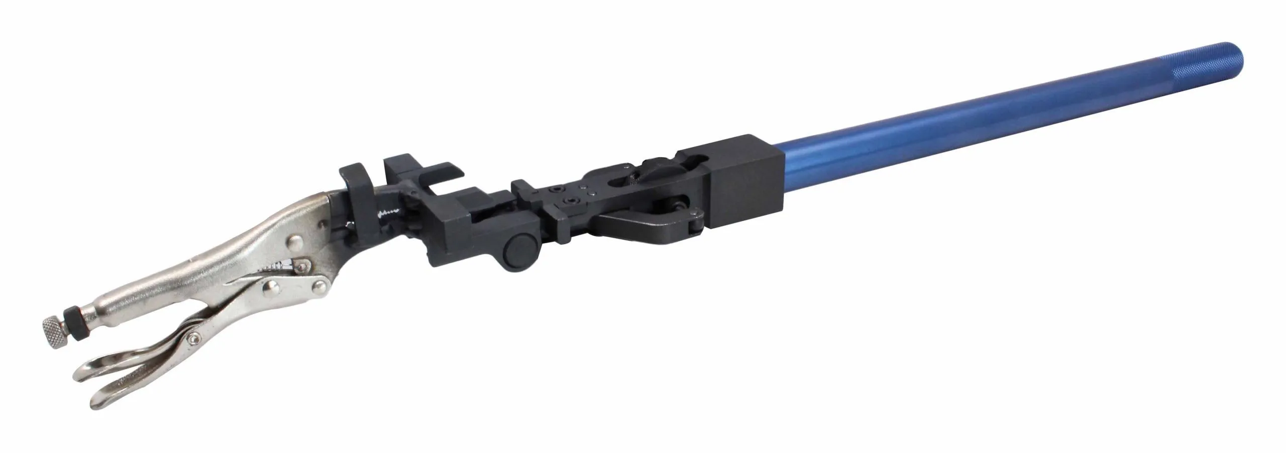 Side profile of long blue shaft lever tool with black articulated head and silver locking pliers