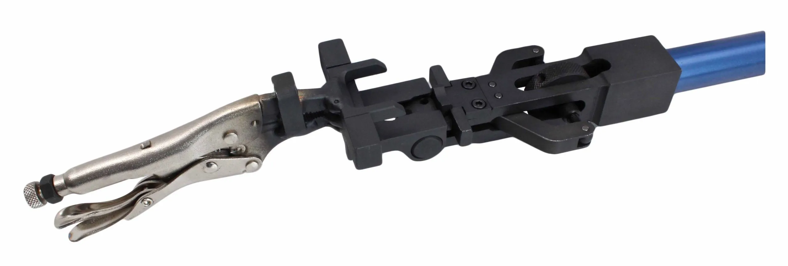 Close-up of black hinged head and attached locking pliers on blue-handled lever tool